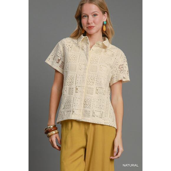 Umgee Lace Patches Detail Short Sleeves Button Down Relaxed Fit Shirt | Natural - Picture 4 of 7